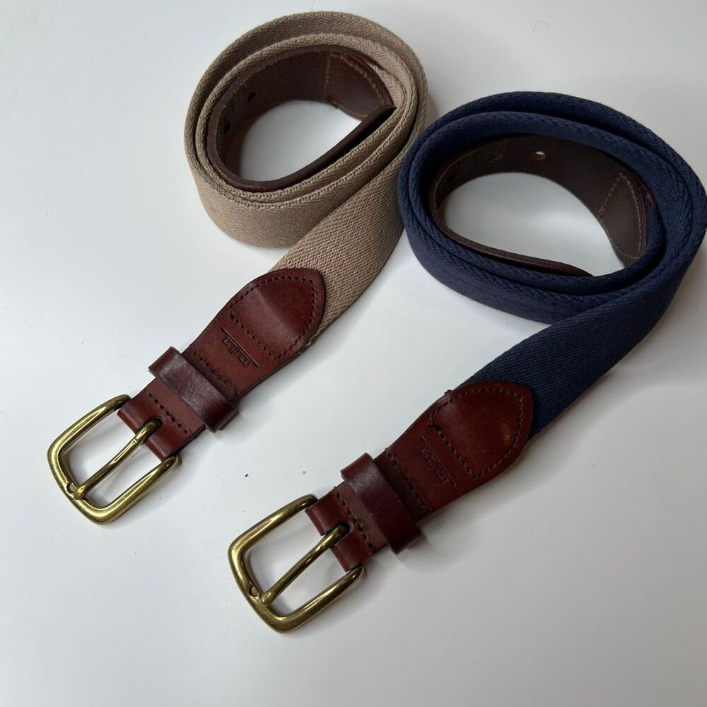 Canvas Leather-Trim Belt in Navy and Beige